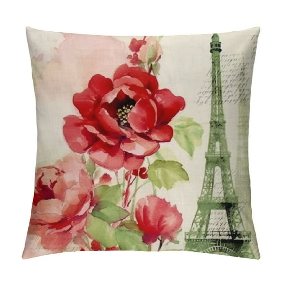Nawypu Vintage French Flower Throw Pillow Case Rustic Red Roses Paris Eiffel Tower Words Lettering Decorative Cushion Cover Square Pillow Case Cushion Cover for Sofa (Floral D)