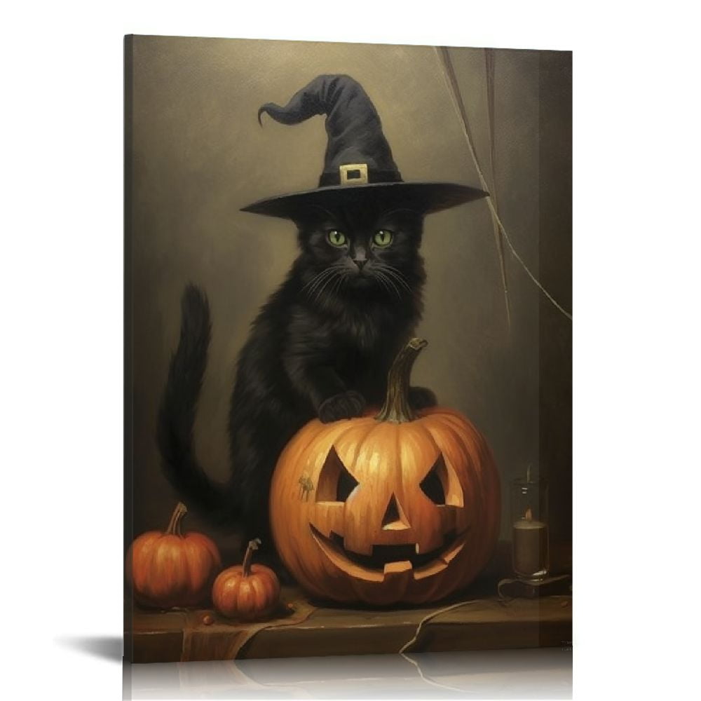 Nawypu Vintage Halloween Canvas Wall Art, Cute Black Cat Witchy Print ...