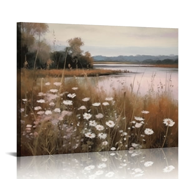 Nawypu Vintage Landscape Canvas Wall Art - Wildflower Field Landscape Oil Painting, Vintage Landscape Art Print, Country Field Wall Art Farmhouse Wall Decor for Bedroom Living Room Decor, Framed