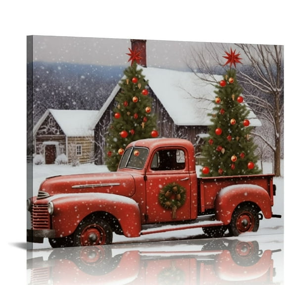Nawypu  Vintage Red Truck Canvas Wall Art - Picture with Christmas Tree and Old-Fashioned Red Pick-Up Truck Winter Scene - Barn and Farmstead Setting