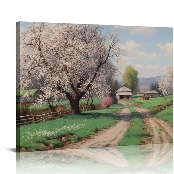 Nawypu Vintage Spring Summer Nature Landscape Wall Art Flowering Orchard Country Road Landscape Painting European Farmhouse Field Prints Pink Flower Posters Pictures Home Canvas Wall Decor Framed