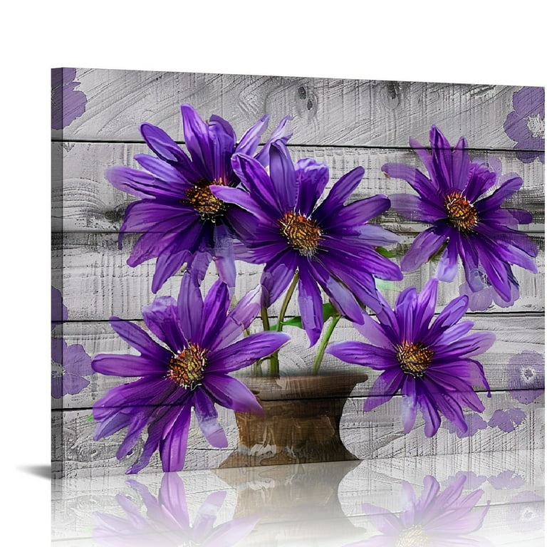 Nawypu Vintage Style Purple Daisy Flower With Wood Grain Wall Art