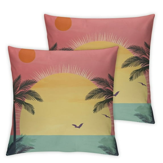 Nawypu Vintage Sun Throw Pillow Covers Set of 2 Sunset Palm Tree Leaves sea Birds Cartoon Kids Girly Pink Blue Zipper Washable Living Room Bedroom Dorm Couch Sofa Cozy Pillowcases 2pcs