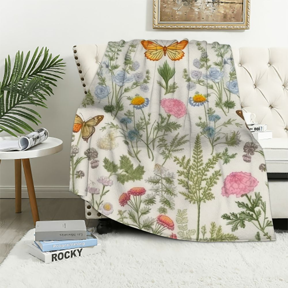 Nawypu Vintage Wildflower Herbs Floral Blanket, Soft Blankets Flannel