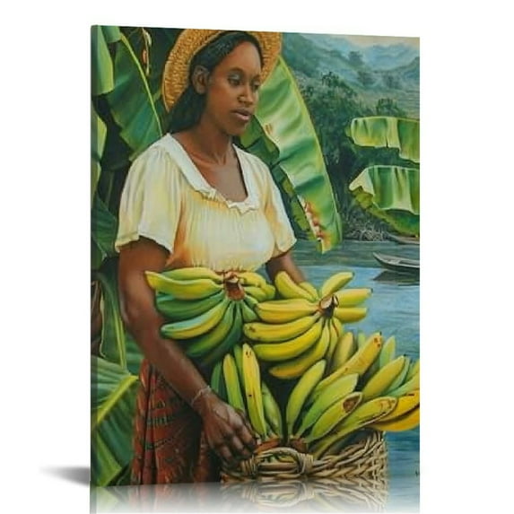 Nawypu Wall Art Jamaica Art Poster Jamaican Woman with A Basket of Bananas on Her Head Canvas Painting Wall Art Poster for Bedroom Living Room Decor Frame-Style