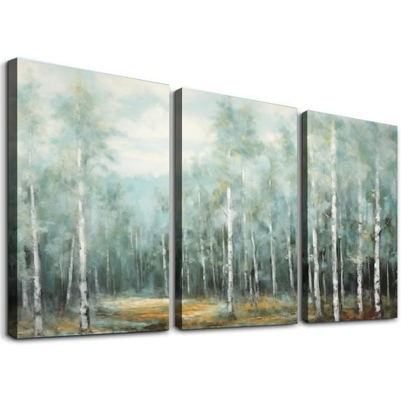 Nawypu Wall Art for Living Room Large Canvas Forest Pictures Modern Popular Art Work Decorations Framed Wall Decor White Woods on Green Background  Easy to Hang 12''x16''X3 Panels