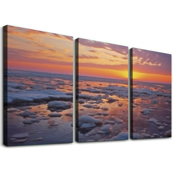 Nawypu Wall Art Paintings Sunrise frozen sea Beautiful winter landscape lake morning time Canvas Art Print wall Poster Artwork for living Room Bedroom Wall Decor and Home Decor 12''x16''X3 Panels