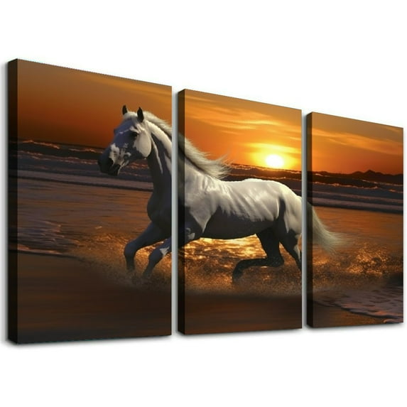 Awypu Wall Canvas Animal Painting, Wall Painting Art Decor Prints Picture of Horse Riding At the Beach Framed Stretched Printed on Canvas for Home Living Room 12''x16''X3 Panels