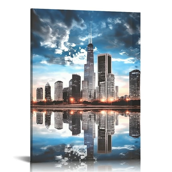 Nawypu Wall Decor Living Room Modern City Chicago Skyline Pictures Large Canvas Wall Art for Bedroom Poster for Office Farmhouse Framed Night Scene Prints Paintings for Home
