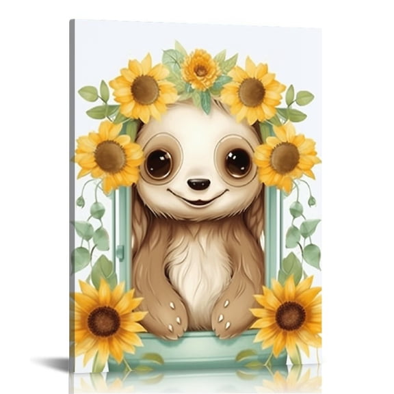 Nawypu Watercolor Animal Canvas Wall Art Sloth Paintings Sunflower and Animal Art Prints Cute Animal Picture Cartoon Baby Poster Funny Sloth Wall Art Colorful Animal Canvas Prints for Room