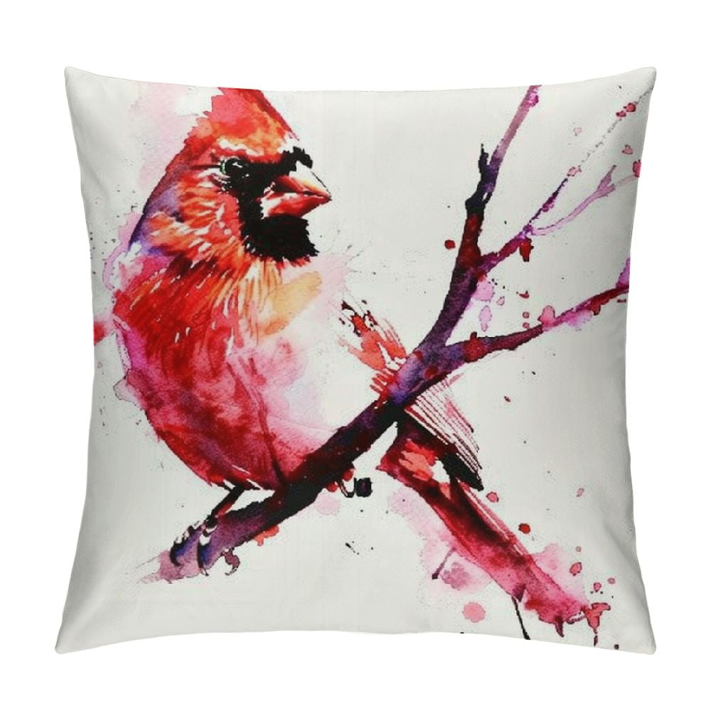 Awypu Watercolor Birds Throw Pillow Cover Cute Animals Red Cardinal Bird on The Tree Branch Home