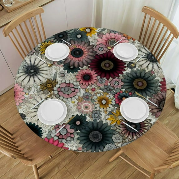 Nawypu  Watercolor Floral Cute Pattern Fitted Round Table Cover with Elastic Protector Table Kitchen Dinner Waterproof Oil-Proof Tablecloth