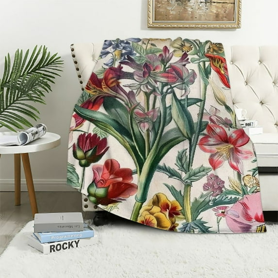 Awypu Watercolor Flowers Throw Blanket Queen Retro Poppy Tulip Wild Floral Blanket for Girls Women Adults Natural Butterfly Rustic Flannel Blanket for Living Room