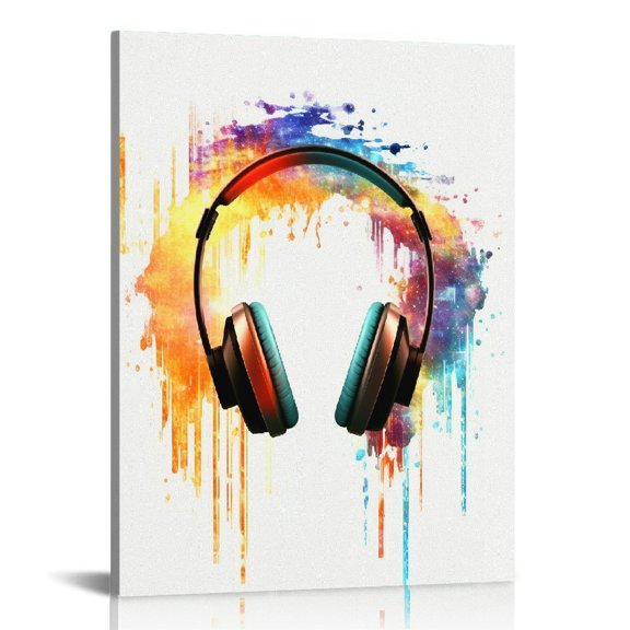 Nawypu Watercolor Headphone Canvas Wall Art Music Earphones Canvas Print Painting Musical Music Studio Wall Decor Framed DJ Gift