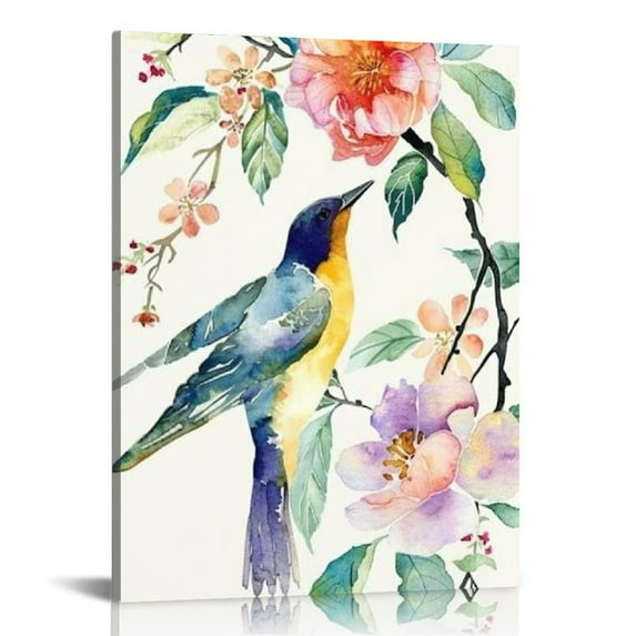 Nawypu Watercolor Hummingbirds Wall Art Print - Vintage Birds with Flower Canvas Print - Nature Animals Artwork for Bedroom Farmhouse Office Decor