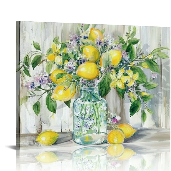 Nawypu Watercolor Lemons In Mason Jar Landscape Canvas Wall Art Print, Farmhouse Citrus Floral Bouquet Painting, Lemons and Limes Artwork