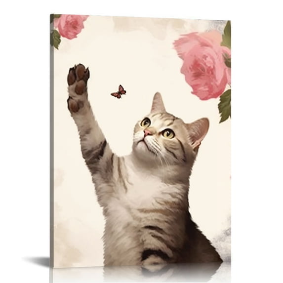 Nawypu Watercolor Lovely Cat Art Print- Flower Pet Cat Canvas Wall Art-(-Modren Animal Themd for Kids Bedroom Pet Shop Decoration