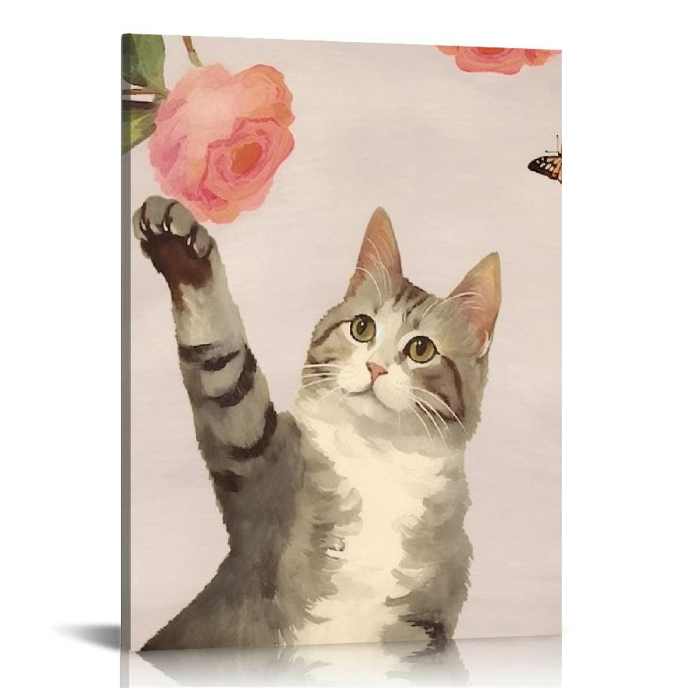 Nawypu Watercolor Lovely Cat Art Print- Flower Pet Cat Canvas Wall Art ...