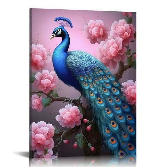 Nawypu Watercolor Peacock Wall Art Canvas Poster - Modern Painted Animal Painting, Home Wall Bedroom Office Decorative Mural Gift Framed Hangable