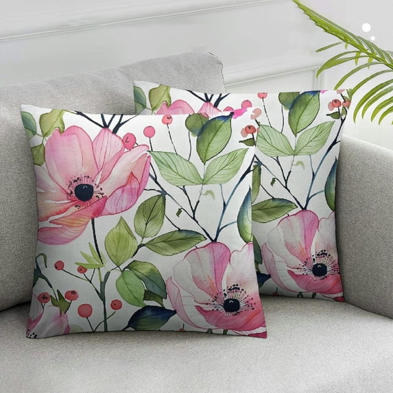 Nawypu  Watercolor Poppy Flower Pillow Covers - Pink Floral Throw Pillow Cases  2pcs Floral Pillowcases Set of 2 Green Plants Leaves Blossom Cushion Covers for Home Outdoor 20x20in