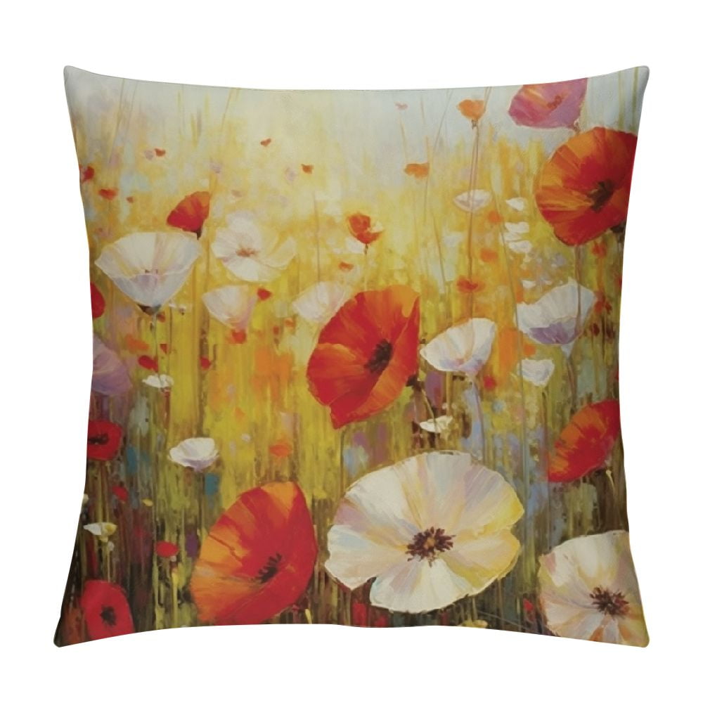 Nawypu Watercolor Red Orange White Poppy Flowers Retro Brown Background