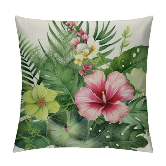 CMMY Watercolor Tropical Floral Pattern Burlap Throw Pillow Case Cushion Cover Sofa Outdoor Decorative Square