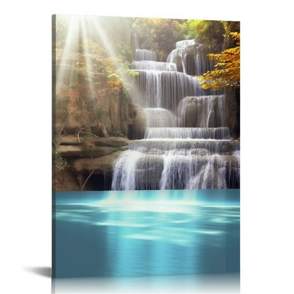 Nawypu Waterfall Canvas Wall Art Peaceful Waterfall Canvas Prints Paintings Landscape Forest Nature Picture Print on Canvas Artwork Framed for Office Living Room Decorations 16x20in