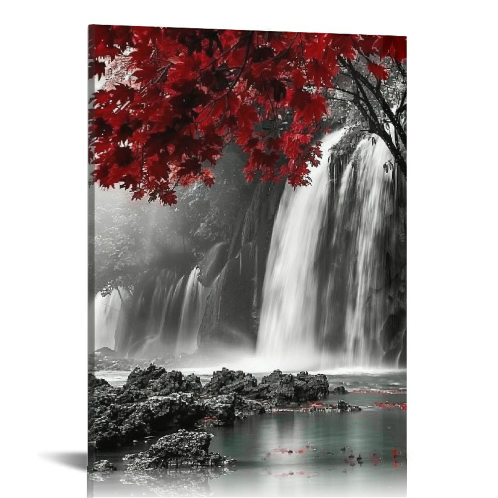 Nawypu Waterfall Picture Prints Black and Red Wall Art Autumn Forest ...