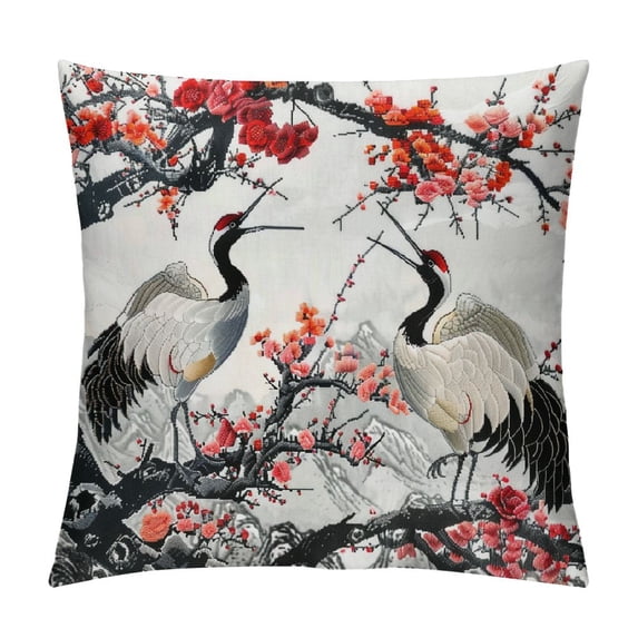 Nawypu White Crane Animal Square Pillow Cover Red Cherry Blossom Ink Painting Throw Pillow Cover for Living Room Bed Japanese Style Mountain Home Decor Party Sofa Cushion Case