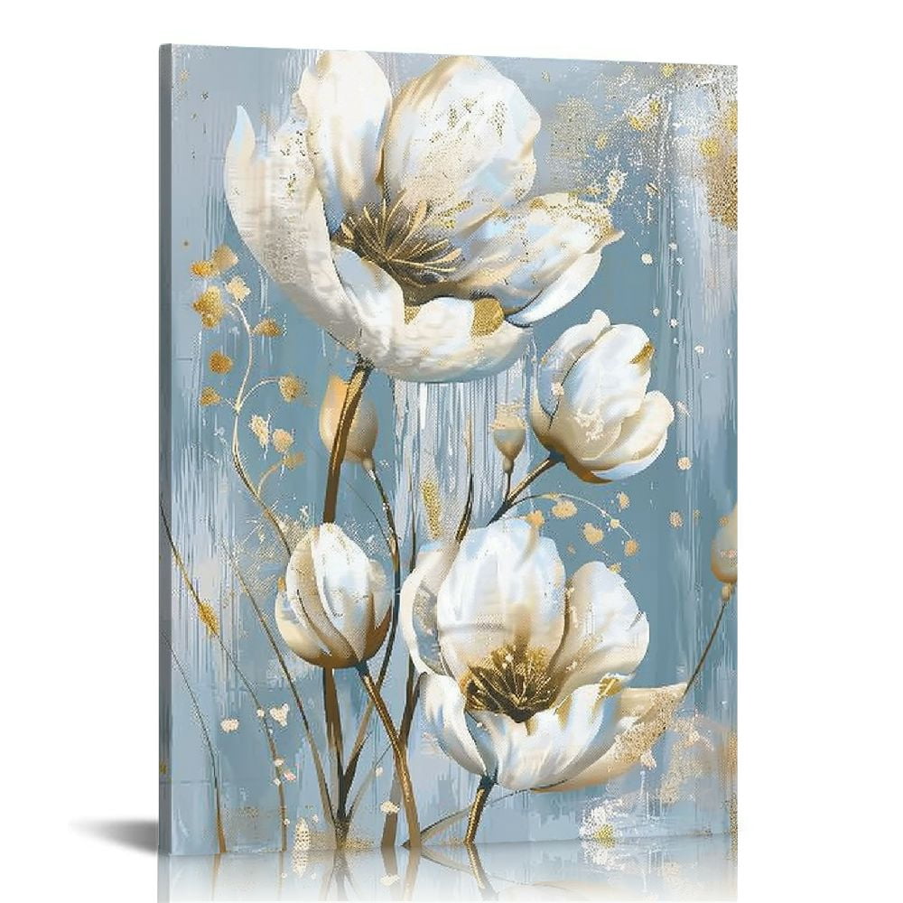 Nawypu White Flower Wall Art Blooming Floral with Gold Foil Canvas ...
