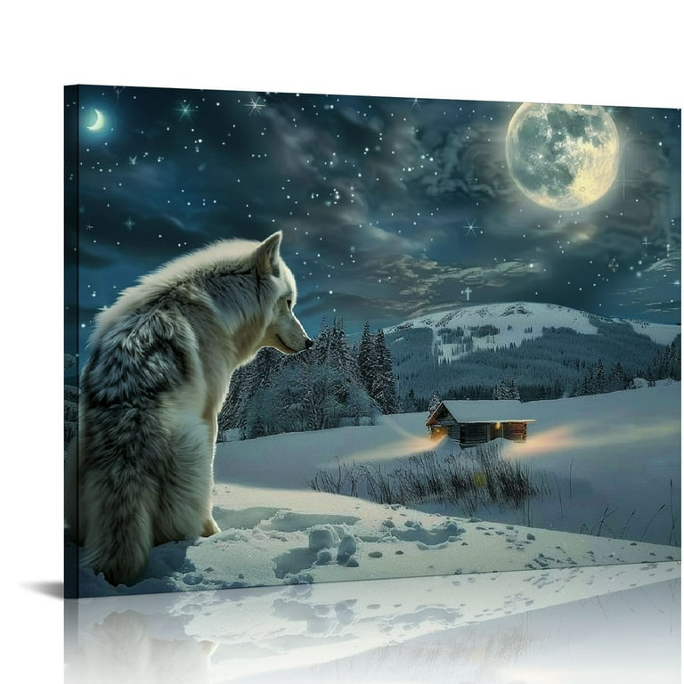 Nawypu Wild Animals Canvas Wolf Wall Art Snow Night Moon Wolf