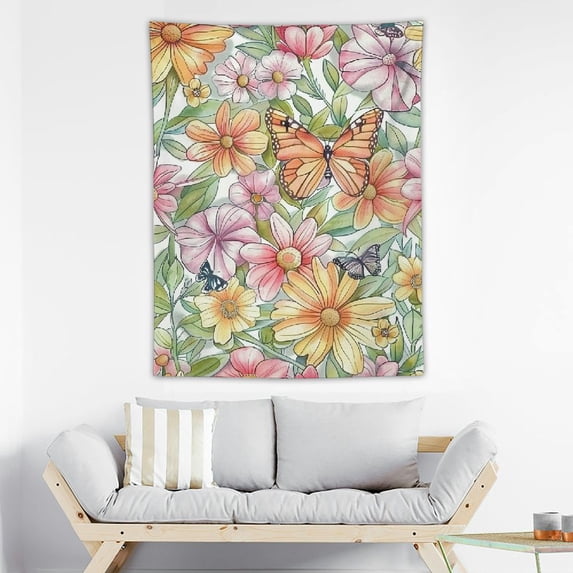 Nawypu  Wild Flower Tapestry Floral Plant Tapestries Watercolor Flowers in Pink and Yellow Colors Nature Scenery Butterfly Tapestries for Bedroom