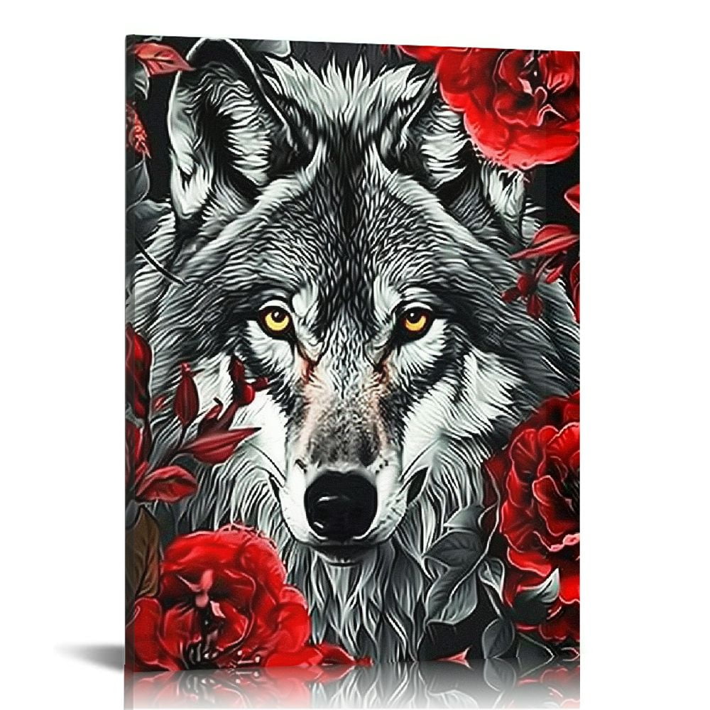 Nawypu Wildlife Animal Canvas Wall Art Black White Burgundy Red Wolf