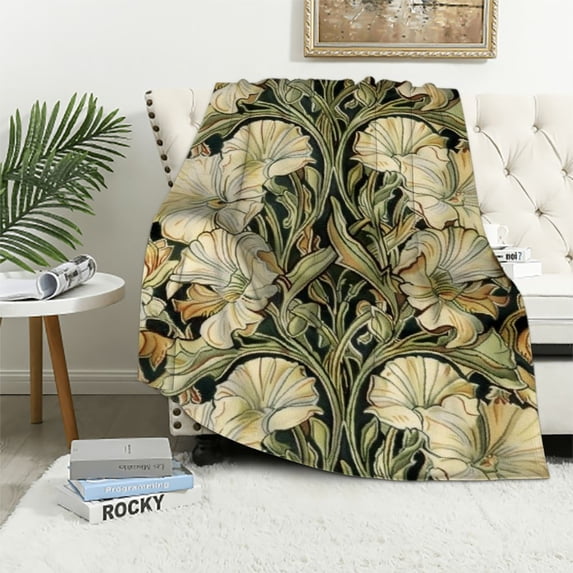 Awypu William Morris Vintage Floral Blanket,Rustic Soft Flannel Lightweight Blanket,Sage Green/Yellow Botanical Throw Blanket for Living Room Sofa Decor,Gifts Blanket for Women Girls All Seasons