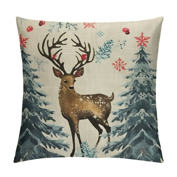 Nawypu Winter Pillow Covers Blue Watercolor Tree Deer Reindeer Bird Snowflakes Decorative Outdoor Pillowcases Holiday Farmhouse Throw Cushion Case Decor for Couch Sofa Bed