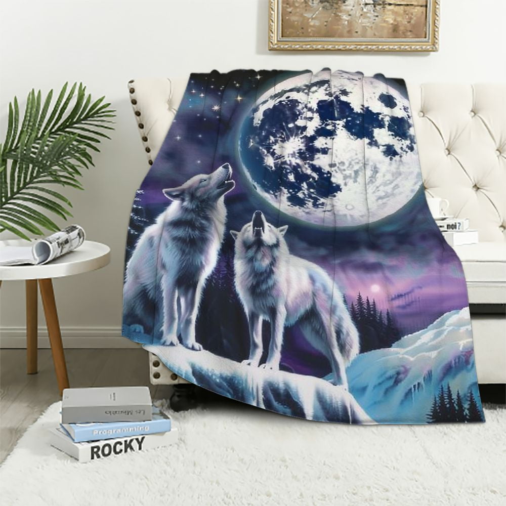 Nawypu Wolf Blanket for Bed Moon Wolf Throw Blanket for Women Men and Kids Super Soft Plush Wolf