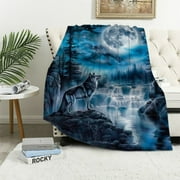 Nawypu Wolf Blanket - Printed Howling Wolf Moon Blanket - Plush Thick 8lb Mink Queen Throw for Couches, Sofas, or Beds Blue