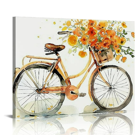 Nawypu Yellow Bicycle Flower Painting Wall Art Watercolor Abstract Bike with Floral Bouquet Wildflowers Canvas Picture for Farmhouse Kitchen Living Room Bedroom Bathroom (Yellow, Small)