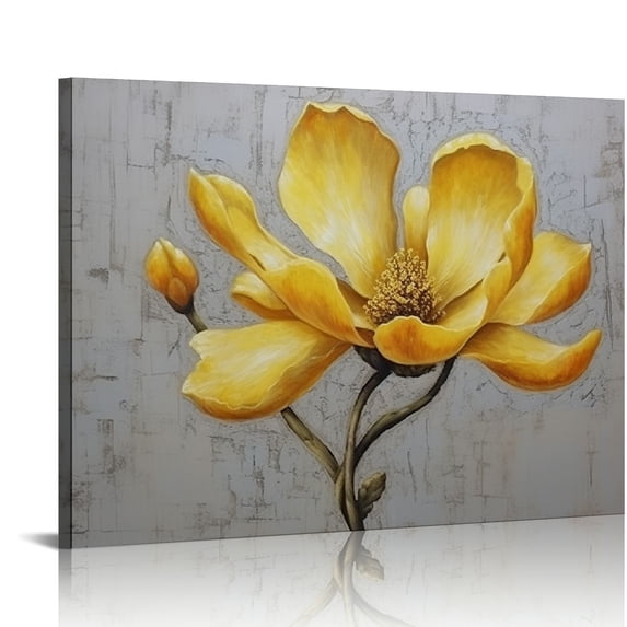 Nawypu Yellow Grey Flower Wall Art Abstract Gray Background Print on Canvas Home Decor Decal Pictures Poster for Bedroom Living Room Printed Painting Gifts Framed Ready to Hang