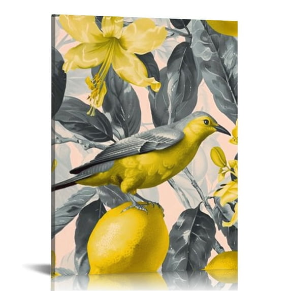 Nawypu Yellow and Grey Lemon Flower Hummingbird Picture for Bedroom Wall Giclee Canvas Prints Bird Painting Gallery Wrapped Artwork for Living Room Kitchen Home Office Dining Room