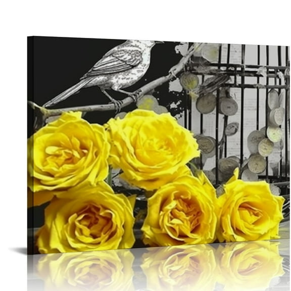 Nawypu Yellow and Grey Rose Wall Art Bedroom Bathroom Decor Yellow Flower Canvas Prints Artwork for Living Room Black and White Romantic Love Wall Pictures Floral Painting Kitchen Home Decoration