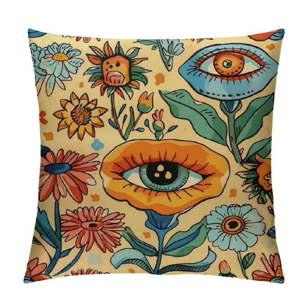 Nawypu Yellow Orange Floral Boho Throw Pillow Covers , Cute Psychedelic ...