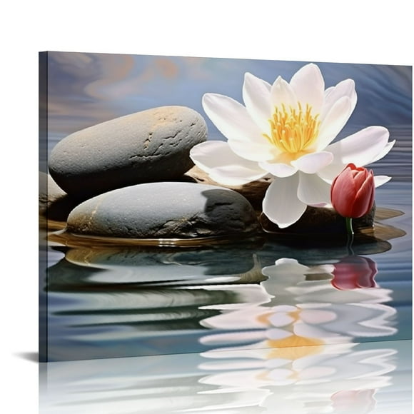 Nawypu Zen Wall Art Black Stones and White Lotus Flowers Picture on Canvas Prints for Yoga Spa Meditation Bathroom Decor with Framed (Zen Stones Lotus)