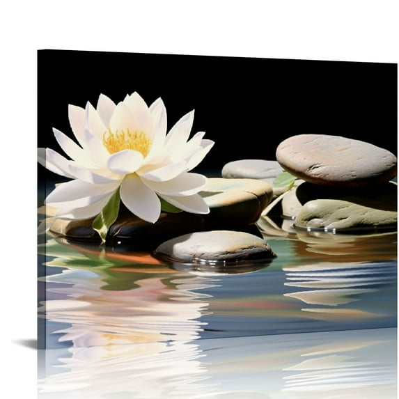 Nawypu Zen Wall Art,White Lotus Bloom in Water with Spa Stone,Black and White Bathroom Canvas Wall Art,Zen Spiritual Decor for Yoga Meditation Room Living Room,Office