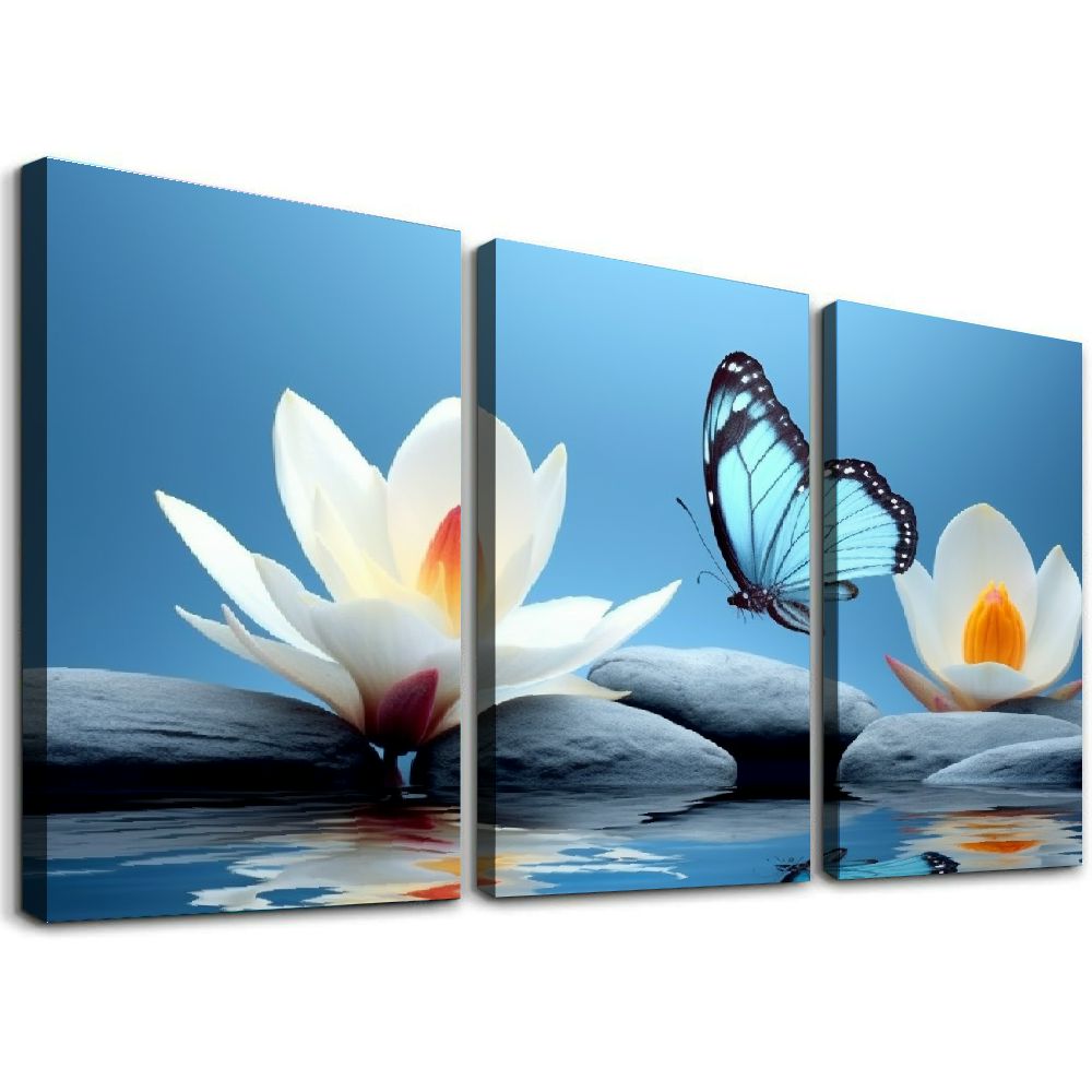 Nawypu Zen Water Lily Canvas Wall Art White Floral and Blue Butterfly ...