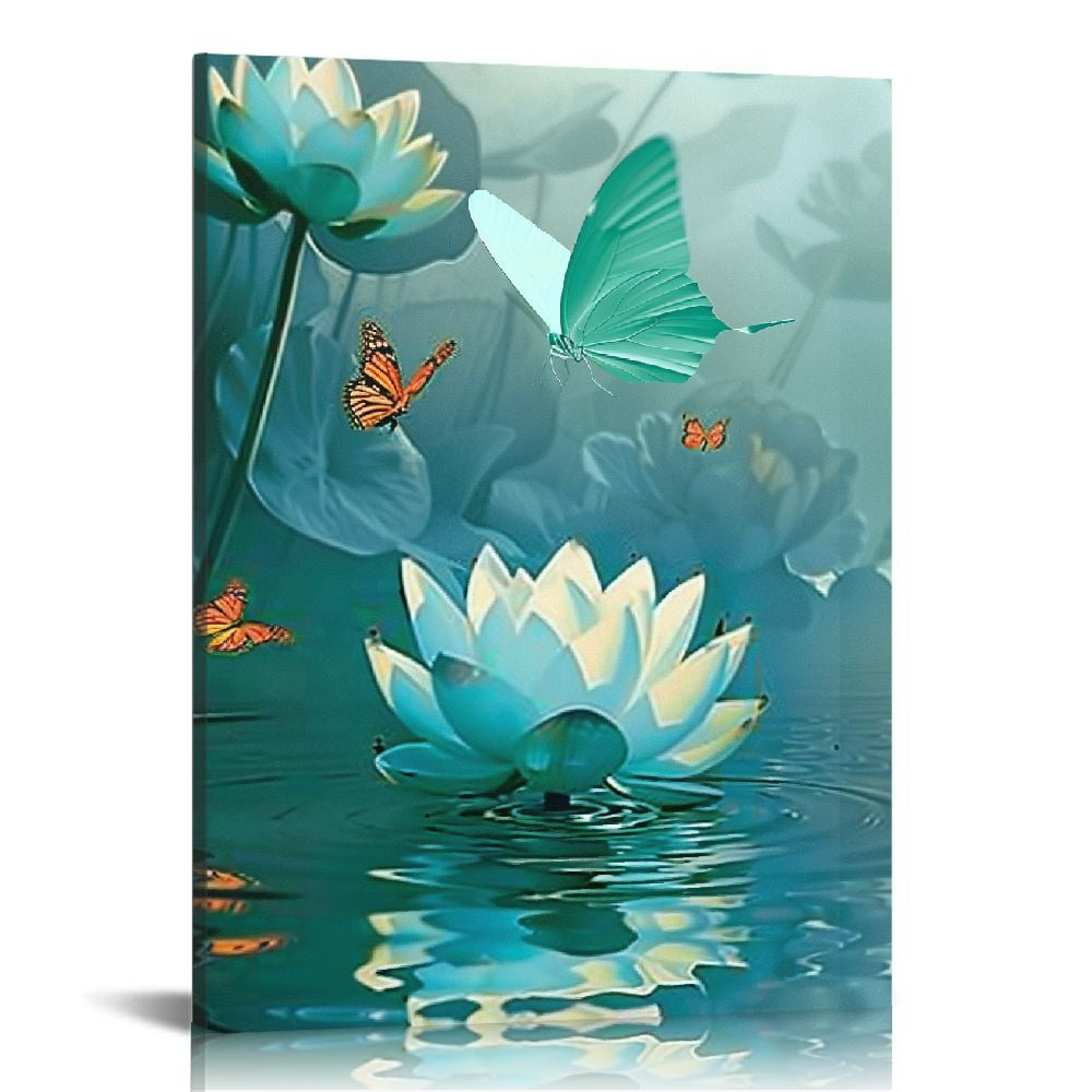 Nawypu Zen Water Lily Wall Art for Living Room, Blue Floral and Butterfly Canvas Wall Art Modern