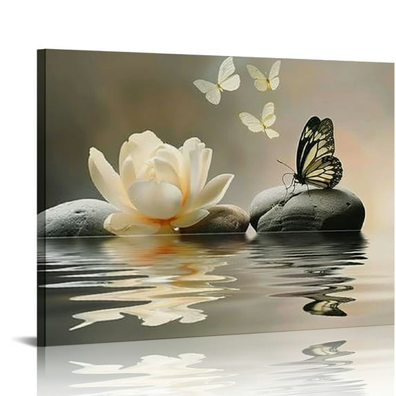Nawypu Zen White Flower Canvas Wall Art Floral and Butterfly on Stone Modern Framed Picture Yoga Spa Spiritual Painting Artwork Print Decor for Bathroom Bedroom Living Room