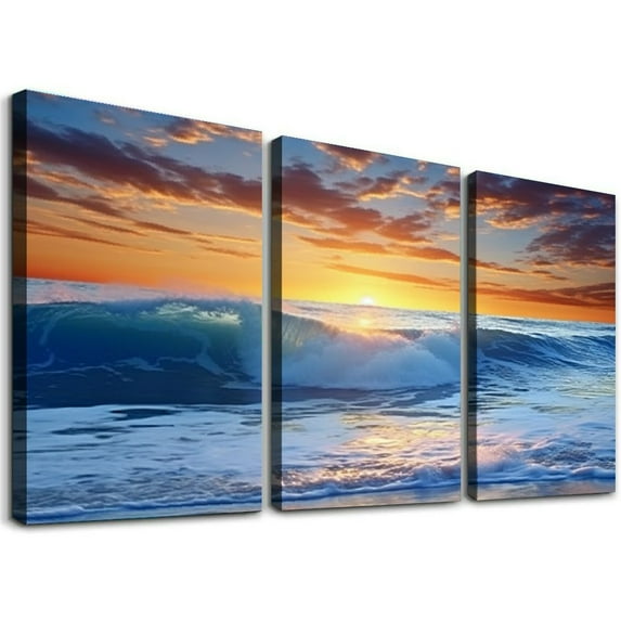 Nawypu canvas wall art for living room Blue Ocean Sea sun landscape painting bathroom Wall Decor Ready to Hang for Home Decorations office family bedroom kitchen Works canvas 12''x16''X3 Panels