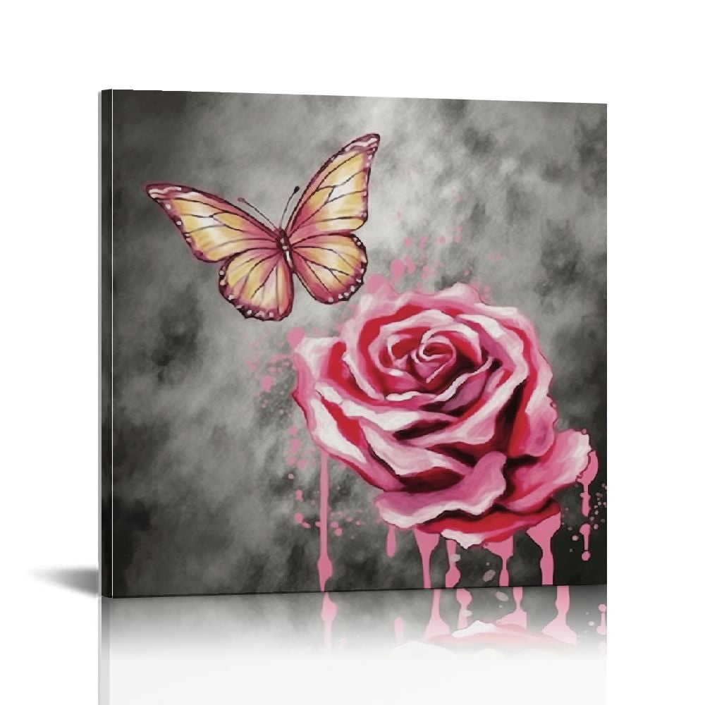 Nawypu l Pink Rose Flower Wall Art Paintings Floral with Butterfly ...