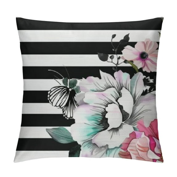 Nawypu Black White Stripes Pillow Cases Floral Peony Rose Wildflowers Spring Summer Leaves Natural Pillow Sham Throw Pillow Covers One Side Printing Standard Size